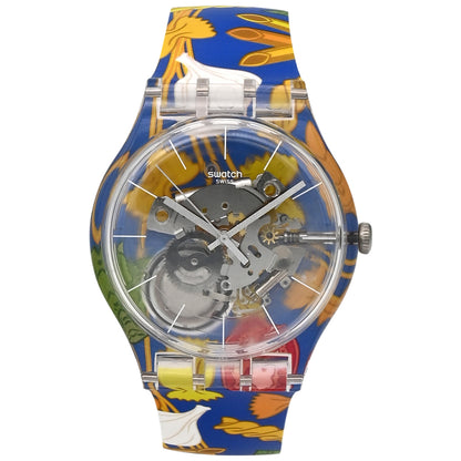 Swatch New Gent AL DENTE PER FAVORE - Drive Thru Special Armbanduhr mit transparentblauem Kunststoffgehäuse