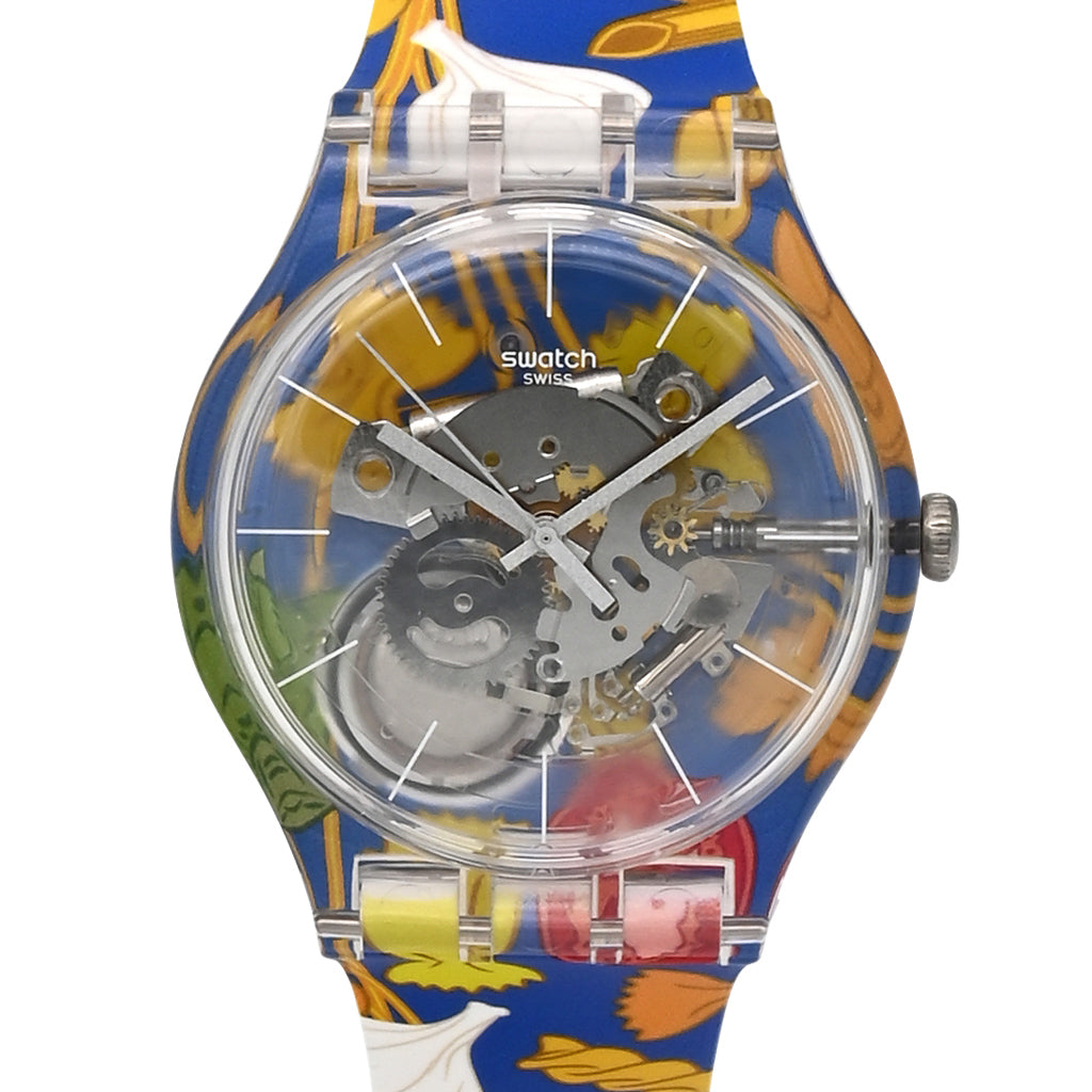 Swatch New Gent AL DENTE PER FAVORE - Drive Thru Special Armbanduhr mit transparentblauem Kunststoffgehäuse