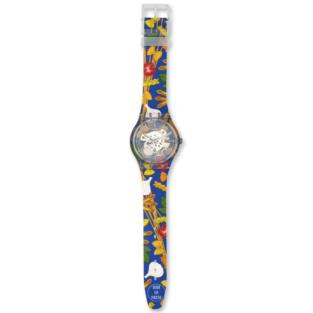 Swatch New Gent AL DENTE PER FAVORE - Drive Thru Special Armbanduhr mit transparentblauem Kunststoffgehäuse