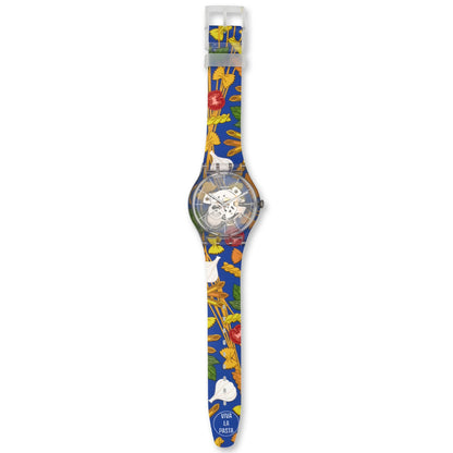 Swatch New Gent AL DENTE PER FAVORE - Drive Thru Special Armbanduhr mit transparentblauem Kunststoffgehäuse