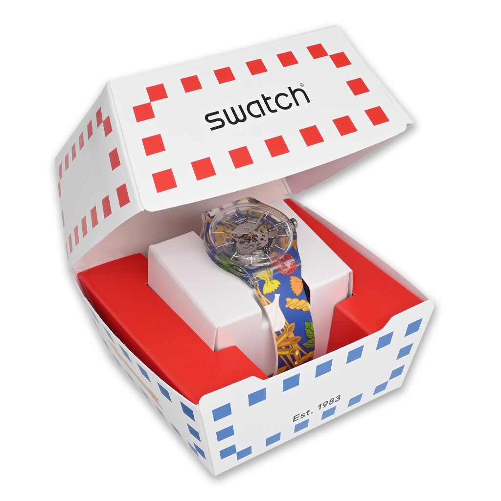 Swatch New Gent AL DENTE PER FAVORE - Drive Thru Special Armbanduhr mit transparentblauem Kunststoffgehäuse