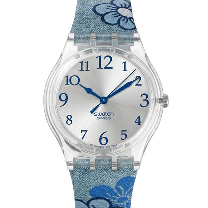 Swatch Gent TIME IN BLOOM GS112 Armbanduhr mit blaurosafarbenem Kunststoffarmband