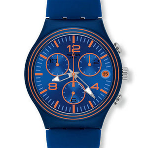 Swatch Irony Chrono WAVE ADDICT YCN4009 Chronograph mit blauem Gehäuse, blauem Zifferblatt und blauem Armband