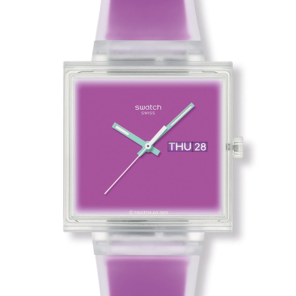 Swatch Jelly Square WHAT IF...SEE THRU MAGENTA? SO38K705 Armbanduhr mit transparentem Bioceramicgehäuse und rosafarbenem Kunststoffarmband