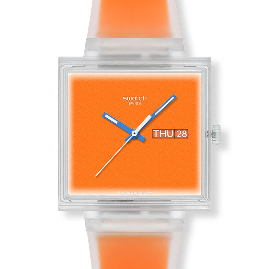 Swatch Jelly Square WHAT IF...SEE THRU ORANGE? SO38K704 Armbanduhr mit transparentem Bioceramicgehäuse und orangefarbenem Kunststoffarmband