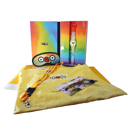 Swatch Whats Yo Face - Italy Milano Set (Club Special 2019) SUOZ303Pack Armbanduhr mit gelbem Kunststoffgehäuse und buntem Kunststoffarmband