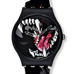 Swatch New Gent WINDY BUNNY SUOZ112 Armbanduhr mit schwarzem Gehäuse, buntem Zifferblatt und buntschwarzem Armband