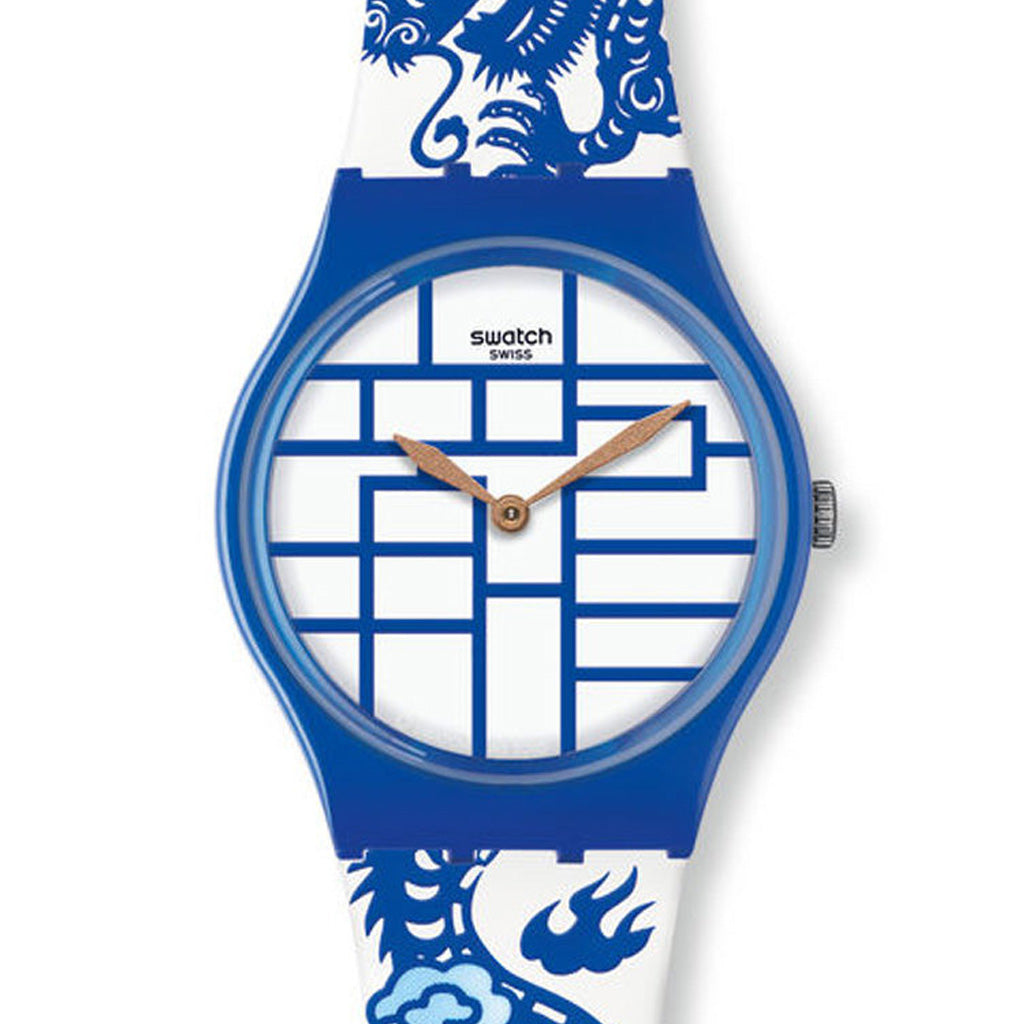 Swatch Gent Chinese New Year Special 2012 YEAR OF THE DRAGON GZ268STD Armbanduhr mit blauem Kunststoffgehäuse und blauweißem Armband