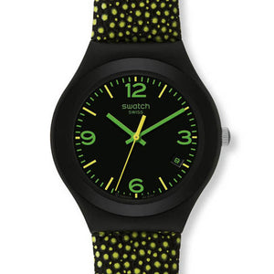 Swatch Irony Yellow Drops YGB4004 Armbanduhr mit schwarzem Gehäuse, schwarzem Zifferblatt und gelbem Armband