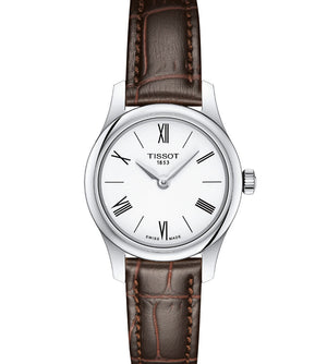 Tissot T-Classic Tradition 5.5 Lady T0632091603800 Damenuhr mit silberfarbenem Edelstahlgehäuse und braunem Armband