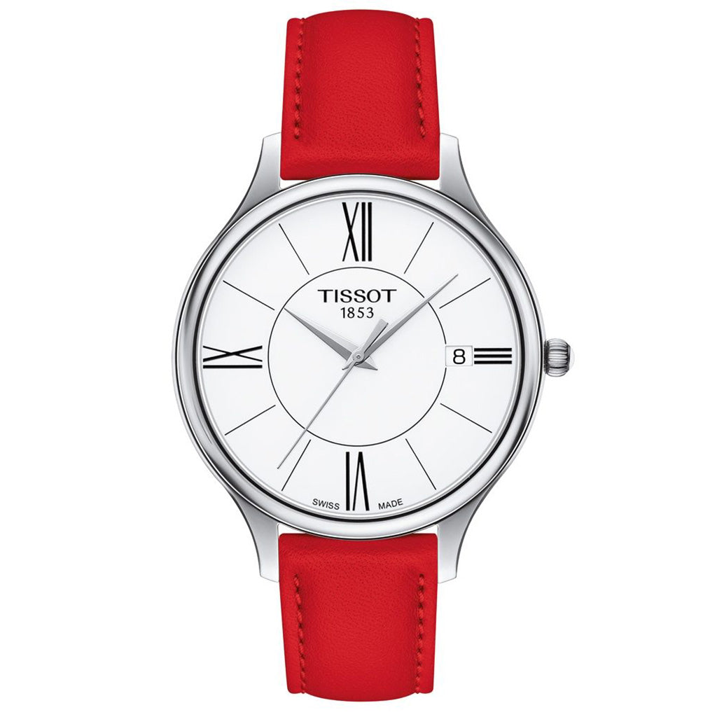 Bella Ora Round 38MM White Leather Black/Red