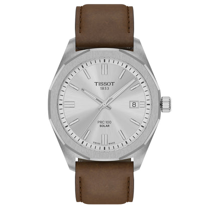 Tissot PRC 100 Solar 39MM Silver Leather Brown