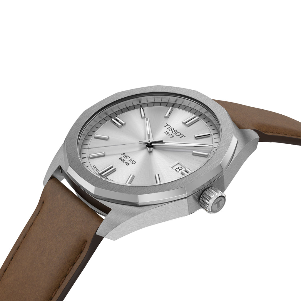 Tissot PRC 100 Solar 39MM Silver Leather Brown