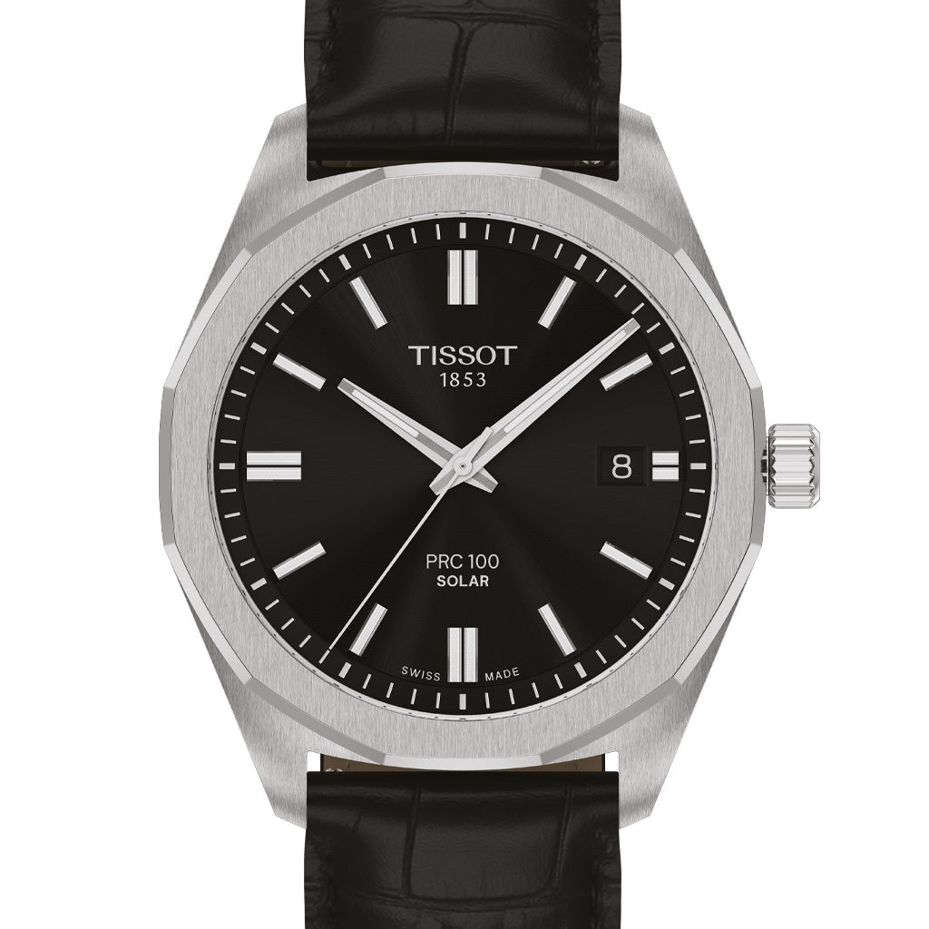 Tissot PRC 100 Solar 39 mm Silver Black Armbanduhr mit silberfarbenem Edelstahlgehäuse und schwarzem Lederarmband