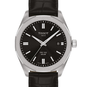 Tissot PRC 100 Solar 39 mm Silver Black Armbanduhr mit silberfarbenem Edelstahlgehäuse und schwarzem Lederarmband