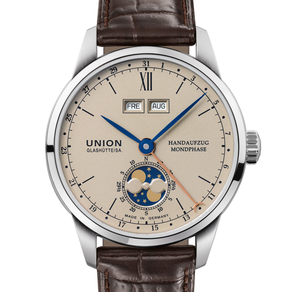Union Glashütte/Sa. 1893 Johannes Dürrstein Edition Doppelmondphase D007.458.16.039.00 Armbanduhr mit braunem Lederarmband