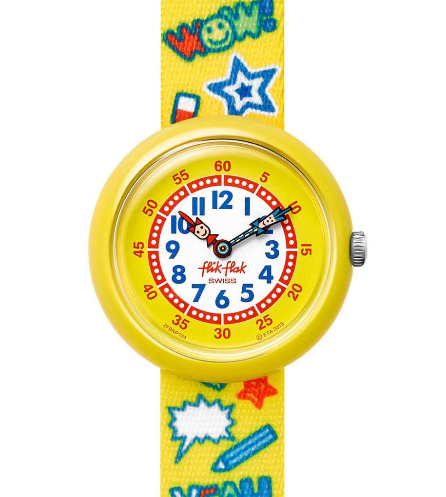 Flik Flak Kinderuhr Wow Yeah ZFBNP134 Kinderuhr mit gelbem Kunststoffgehäuse, gelbweißem Zifferblatt und buntgelbem Textilarmband